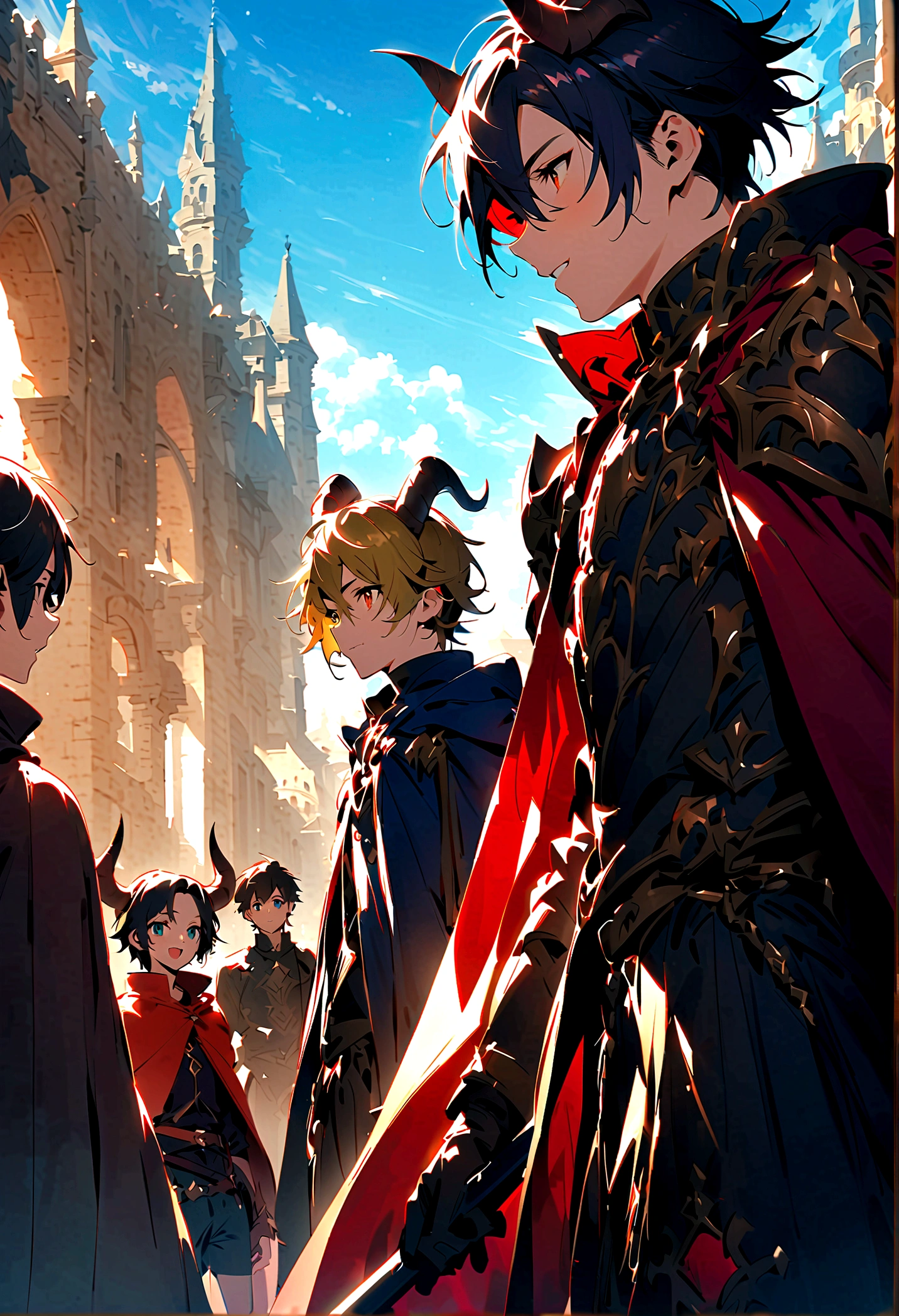 Handsome man, 2 men,Good friends、 , teenager, A ng with ram&#39;s horns on his head、Cape,knight、 Fantasy,blue sky