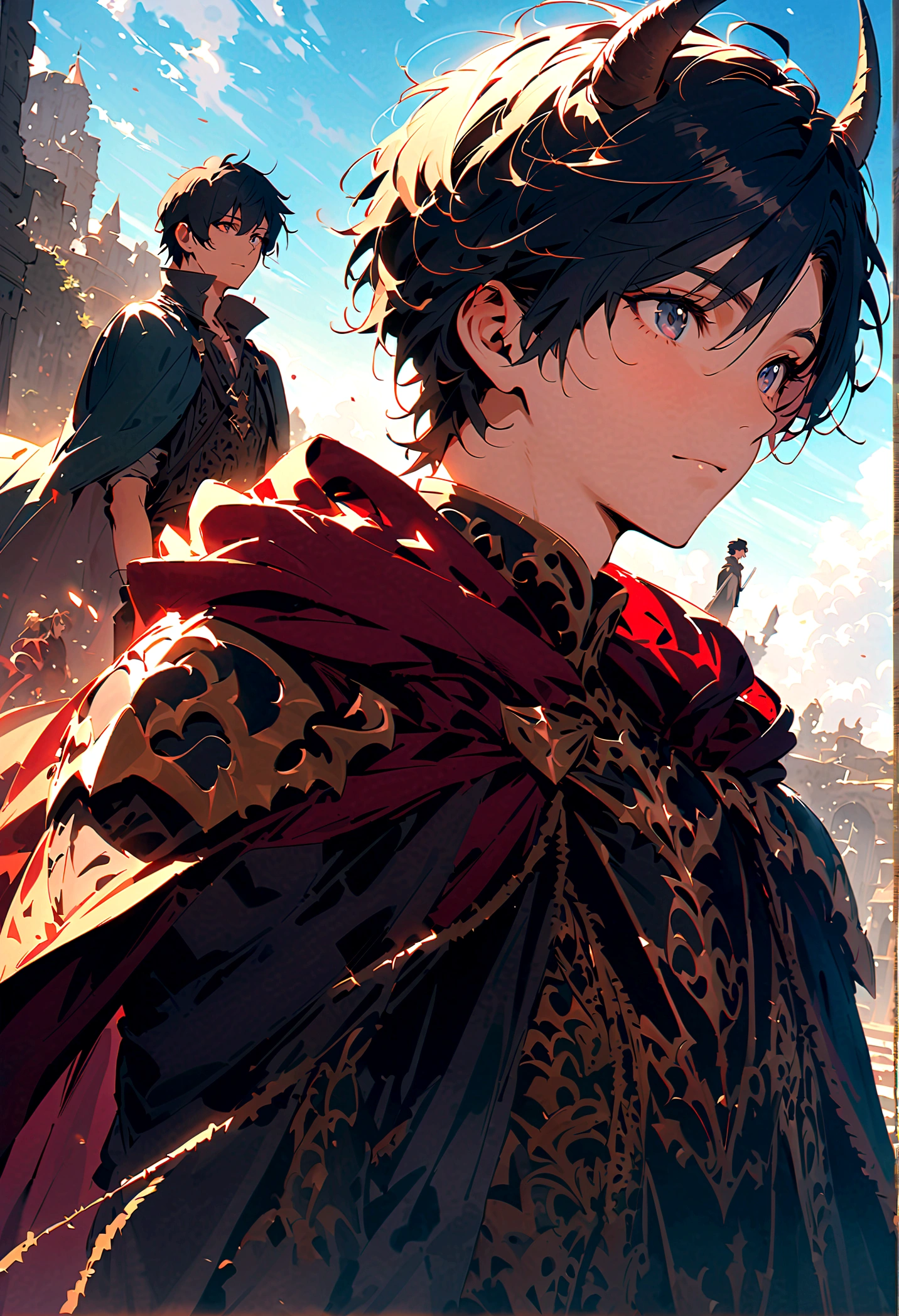Handsome man, 2 men,Good friends、 17 years old, teenager, A demon king with ram's horns on his head、Cape,knight、 Fantasy,blue sky