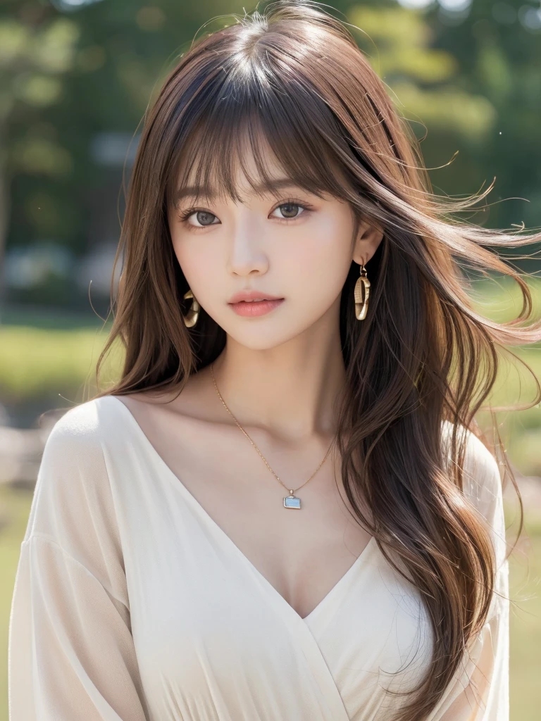 ((Highest quality, 8K, masterpiece:1.3)), concentrate: 1.2, Perfect body beauty: 1.4, Hips: 1.2, ((Long Hair, chest: 1.2)), (Dry clothes: 1.1) , (clear, Simple Background:1.3), Simple clothes: 1.1, Highly detailed face and skin texture,Delicate eyes, double eyelid, Whitened skin, Rough skin、Long Hair、Earrings with bangs、necklace、 solo、Beige coat、White shirt, (((Beautiful girl with cute Japan)))、 ((Beautiful Japanese girl 20 years old))、 ((Baby Face))、 (((Slender body)))、 Upper Body,Face focus、necklace,Simple Background,From above, Realistic Hair、 A photograph was taken:Canon EOS R6、135mm、1/1250 seconds、f2.8、ISO400、(Detailed explanation of the hand)、(Masseter muscle area)、(Exquisite CG)、Long Hair, loose and curly hair、Korean Hair、Long Hair明るいベージュ色、グラデーションハイライトグレージュのゆるふわLong Hairスタイル、