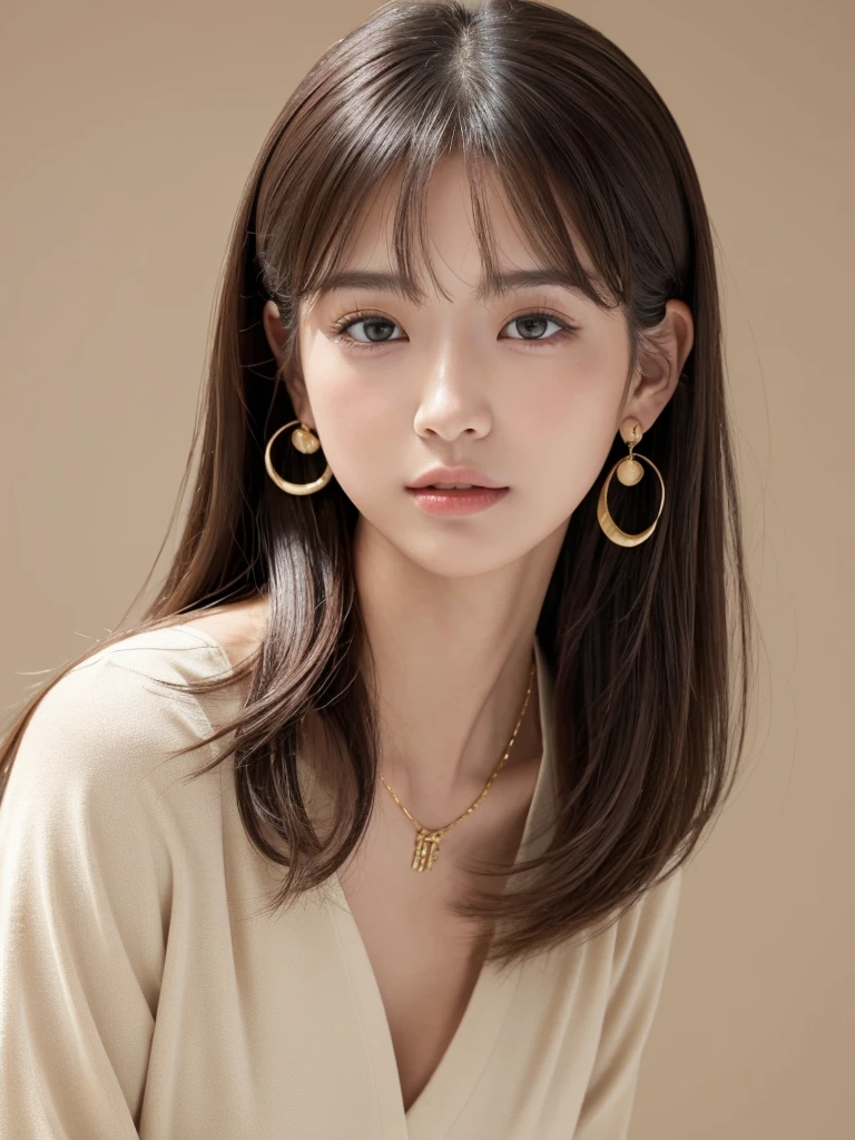  ((Highest quality, 8K, masterpiece:1.3)), concentrate: 1.2, Perfect body beauty: 1.4, Hips: 1.2, ((Long Hair, chest: 1.2)), (Dry clothes: 1.1) , (clear, Simple Background:1.3), Simple clothes: 1.1, Highly detailed face and skin texture,Delicate eyes, double eyelid, Whitened skin, Rough skin、Long Hair、Earrings with bangs、necklace、 solo、Beige coat、White shirt,  (((Beautiful girl with cute Japan)))、  ((Beautiful Japanese girl 20 years old))、 ((Baby Face))、 (((Slender body)))、  Upper Body，Face focus、necklace，Simple Background，From above， Realistic Hair、 A photograph was taken:Canon EOS R6、135mm、1/1250 seconds、f2.8、ISO400、(Detailed explanation of the hand)、(Masseter muscle area)、(Exquisite CG)、Long Hair, loose and curly hair、Korean Hair、Long Hair明るいベージュ色、グラデーションハイライトグレージュのゆるふわLong Hairスタイル、