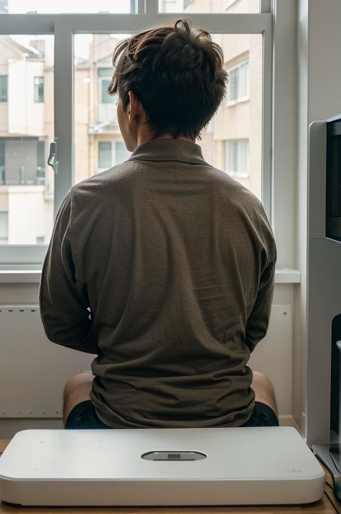 Anime sits with his back looking at a computer by the window.