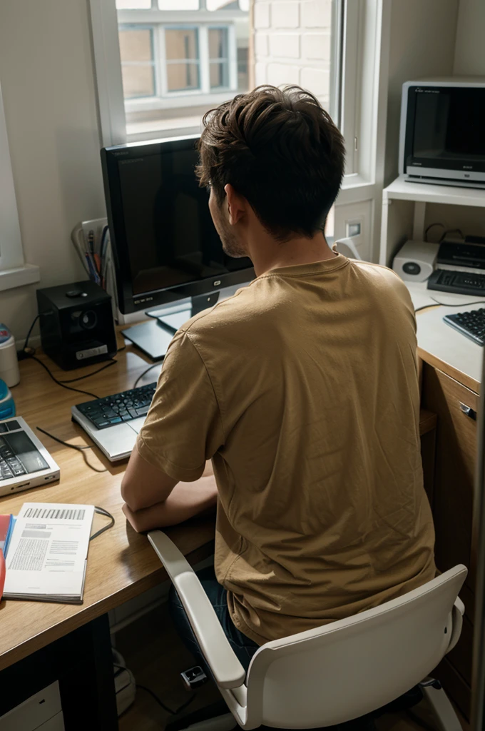 Anime sits with his back looking at a computer by the window.