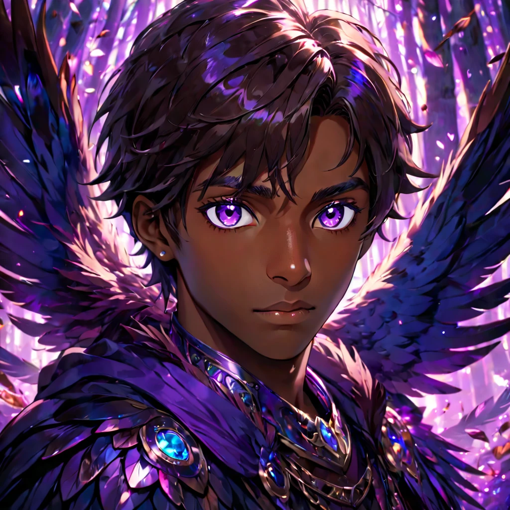 ung man, stunning crystalline purple eyes, dark skin, radiant reflective purple light, falling owls feathers, 4k, UHD, HDR, ultra-detailed, realistic, photorealistic, sharp focus, physically-based rendering, vivid colors, studio lighting, masterpiece