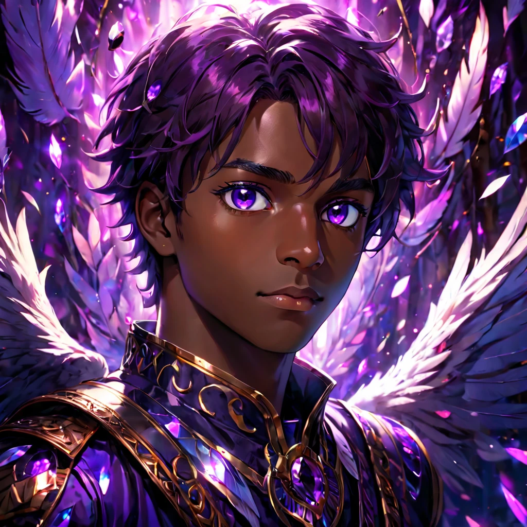 1 young man, stunning crystalline purple eyes, dark skin, radiant reflective purple light, falling owls feathers, 4k, UHD, HDR, ultra-detailed, realistic, photorealistic, sharp focus, physically-based rendering, vivid colors, studio lighting, masterpiece