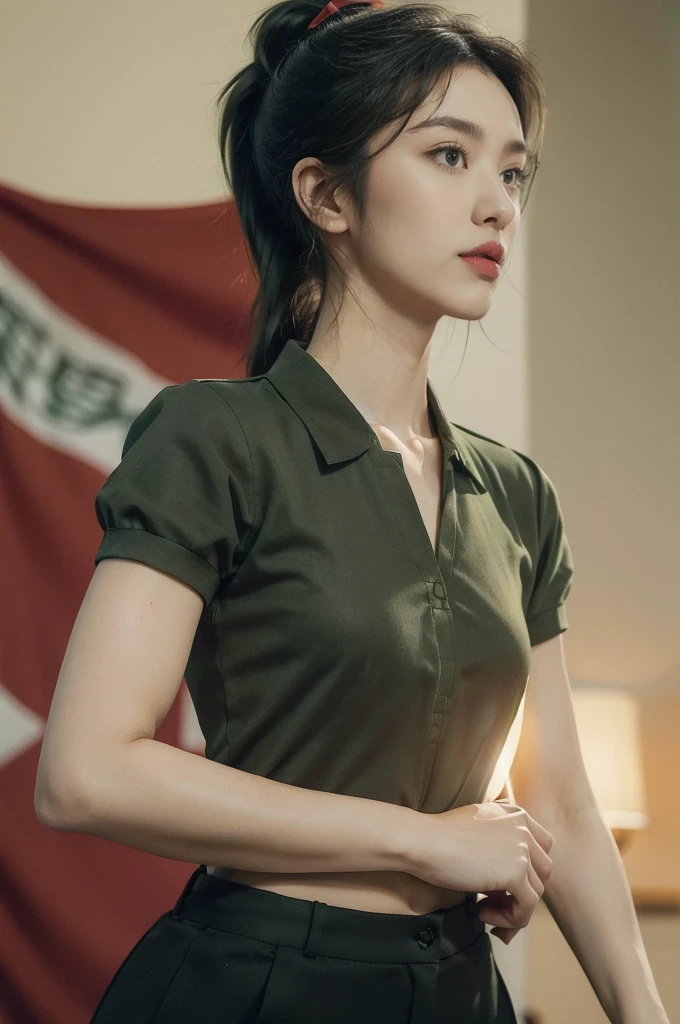 (((best quality))),(((ultra detailed))),(((masterpiece))),illustration,((1 beautiful young girl,female soldier,solo)),(short black ponytail:1.3),((slim,thin)),((small breasts,flat chest)),determined,professional,demeanor,(light green collared short-sleeved shirt:1.3),(dark green trousers:1.3),military,affiliation,background,military conference room,walls,maps,battlefields,strategic points,markings,(large red flag:1.2),nation's unity,strength,seriousness,planning,important discussion,rigid posture,focused expression,confidence,respectability,bright intense eyes,analyzing situation,contribute thoughts,ideas,charm,powerful,intense atmosphere,freezes moment in time,essence,striking appearance,(night scene:1.2),((from front,upper body))