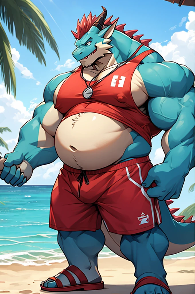 Big buff embarrassed blue cartoon dragon with a humongous ginormously over inflated beige stomach, high blue, white eyes with black pupils, big oversized bellybutton, light blue back, lifeguard tank top overhanging on top of his huge stomach, green necklace with dragon tooth, shocked look on his face, high pink blush, spiky red mohawk hairline, red arm necklace, huge ginormous muscular build with gigantic nipples, body hair across his chest and over inflated stomach, water droplets all over his muscular body, one hand holding his giganticly over inflated stomach, red lifeguard shorts, sandals, standing on a beach resort in a ready to fart position and farting out a huge enormous light green toxic gas cloud coming out of his butthole behind him