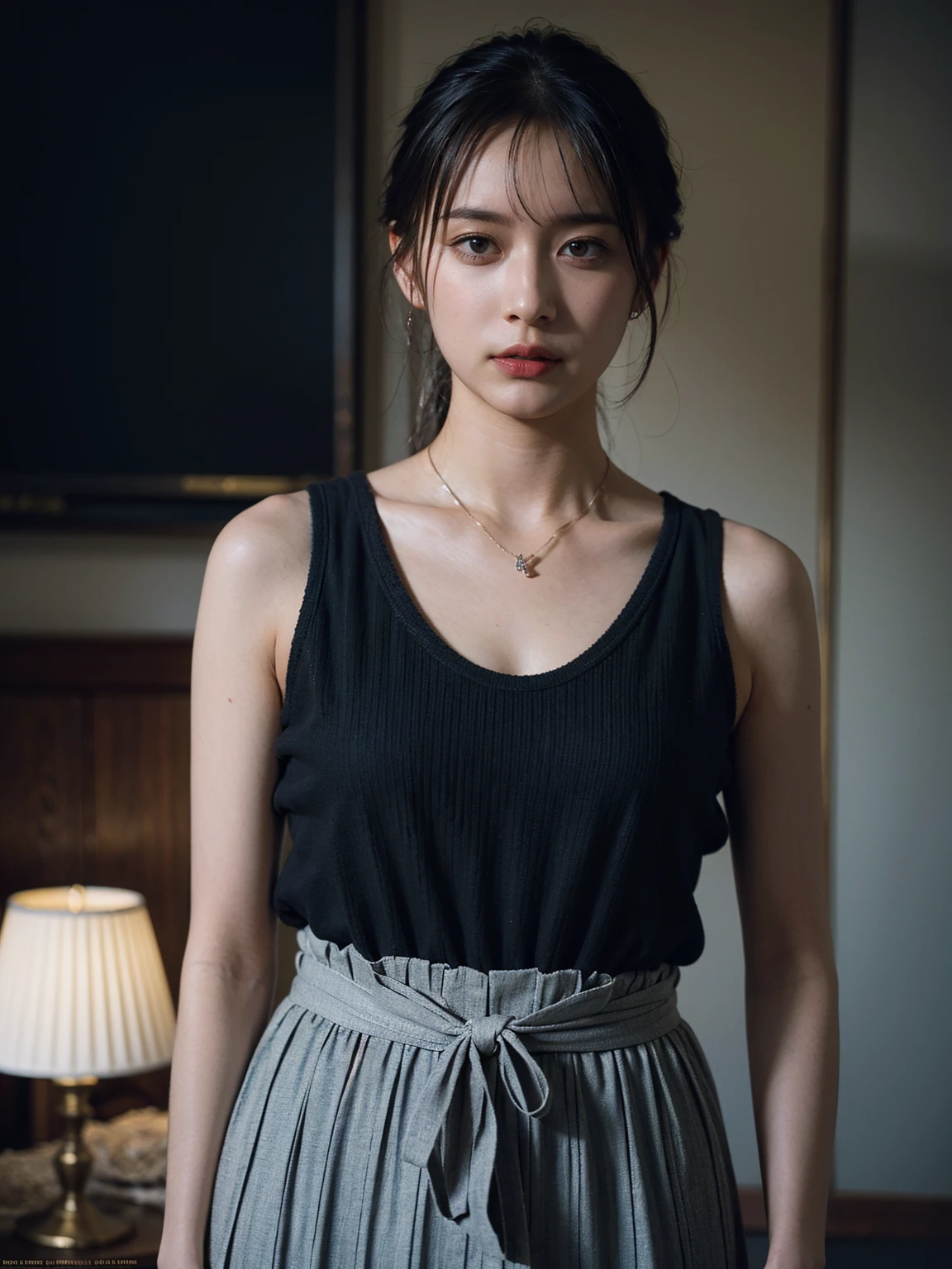 woman, masterpiece, best quality, highest quality, cinematic lighting, (volumetric lighting), extremely detailed CG unity 8k wallpaper, focused, 8k wallpaper, extremely detailed, ultra realistic, photorealistic, sharp focus, absurdres, (HDR:1.2), (high contrast), photograph, detailed and intricate, instagram, portrait, highly detailed, digital painting, artstation, concept art, smooth, sharp focus, illustration, cinematic lighting, black short skirt, ((very skinny body)), (Skin texture is natural), (knit tanktop),
busty 22 year old japanese women, short hair, instagram model, 50mm, flash photography, real life, photorealistic, high resolution, 1girl, hips up, jewelry, hands behind head, big_boobies, Green panties