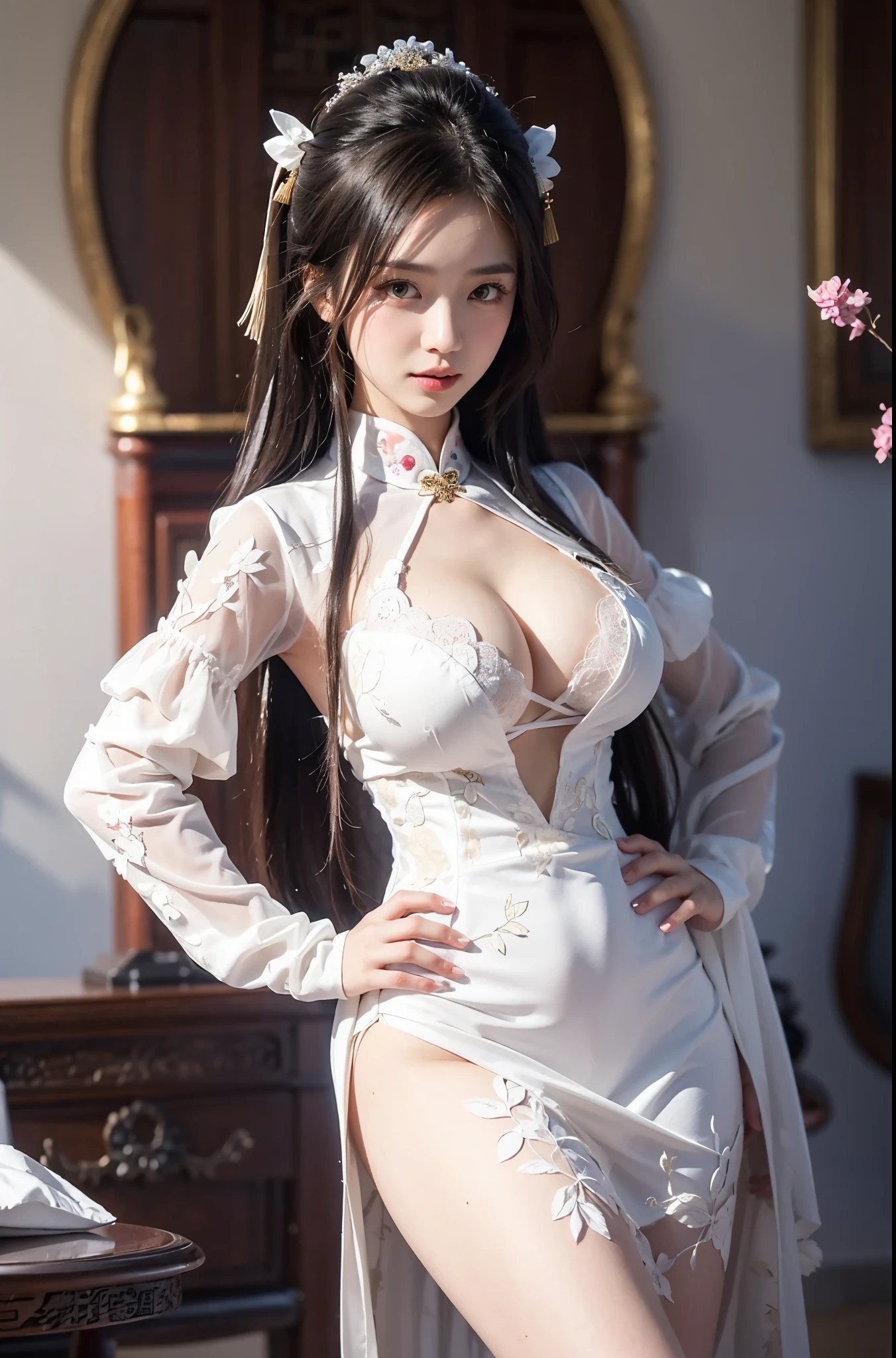 1 beautiful and sexy 20 year old girl, (((wearing a super sexy white short nightgown that super transparent her underwear:1.9))), (((Sexy see-through red nightgown:2))), ((long black hair:1.6)), jewelry elaborately made from precious stones and beautiful hair, the noble, noble style of an extremely beautiful girl, her small face is super cute, her face is very pretty, thin eyebrows, flawless beautiful face, ((black eye pupils: 0.8)), very beautiful eyes, ((silver eyes: 1.6)), (((big round eyes:1.6))), nice makeup and hair detailed eyelashes, steamy eye makeup, high nose, earrings, red lips, ((closed mouth: 1.5)) beautiful lips, slim hands, most beautiful thighs, ((arms spread out to the sides: 1.5)), rosy face, clean face, flawless beautiful face, smooth white skin, (big breasts: 1.5)), ((high breasts: 1.6)), tight breasts, beautiful cleavage, (((big breasts and super round: 1.8))), ((super tight breasts: 1.7)) , beautiful breasts, perfect body, back arms, chest out, ((sitting position with chest up and arms behind: 1.6)), ((open your legs:1.2)), ((don't be shy:1.5)), 8k photo, super high quality, super realistic, super 10x pixels, optical, bright studio, bright edges, dual-tone lighting, (high-detail skin:1.2), super 8k, soft lighting, high quality, volumetric lighting, photorealistic, photorealistic high resolution, lighting, best photo, 4k, 8k quality, blur effect, smooth sharp, 10 x pixel, ((Beach at night and fireflies background:1.5)), aurora, lightning, super graphics realistic, most realistic graphics, 1 girl, alone, solo, Extremely sharp image, surreal, (((frontal portrait: 1.5)))."