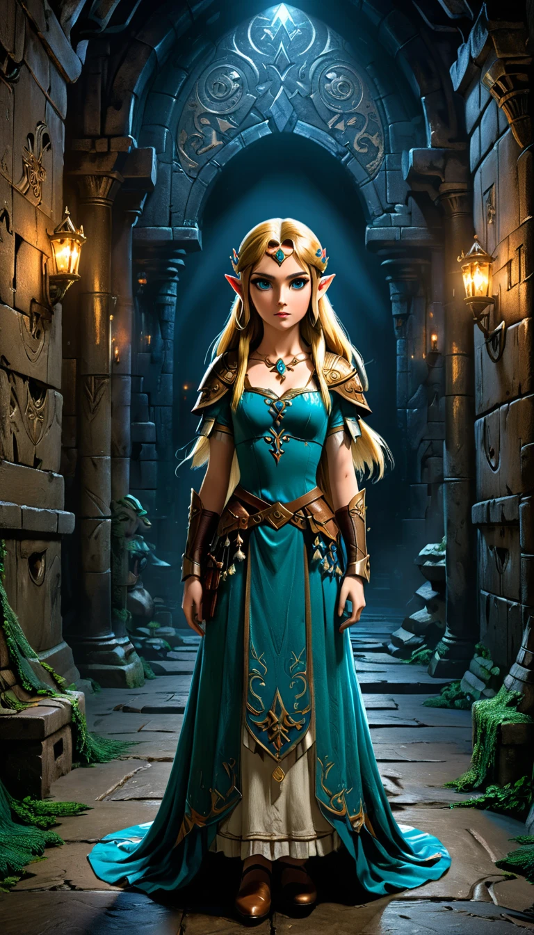 a beautiful detailed princess zelda from the legend of zelda video game series, wearing a detailed and fashionable dress, standing in a dark and ominous dungeon setting, inspired by the art styles of ian mckee, chen taimi, and jean-baptiste monge, (best quality,4k,8k,highres,masterpiece:1.2),ultra-detailed,(realistic,photorealistic,photo-realistic:1.37),extremely detailed eyes and face,longeyelashes,intricate costume design,dramatic lighting,fantasy,dark atmosphere