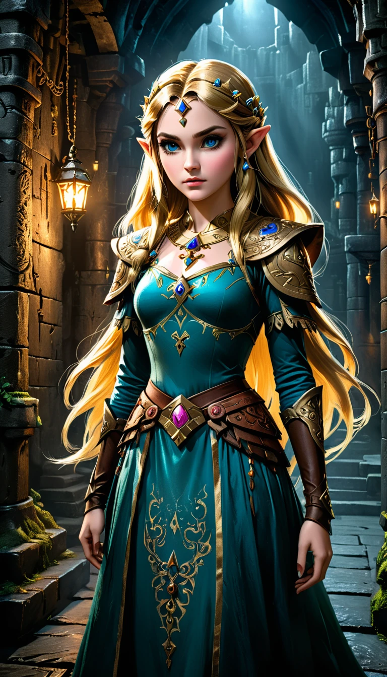 a beautiful detailed princess zelda from the legend of zelda video game series, wearing a detailed and fashionable dress, standing in a dark and ominous dungeon setting, inspired by the art styles of ian mckee, chen taimi, and jean-baptiste monge, (best quality,4k,8k,highres,masterpiece:1.2),ultra-detailed,(realistic,photorealistic,photo-realistic:1.37),extremely detailed eyes and face,longeyelashes,intricate costume design,dramatic lighting,fantasy,dark atmosphere