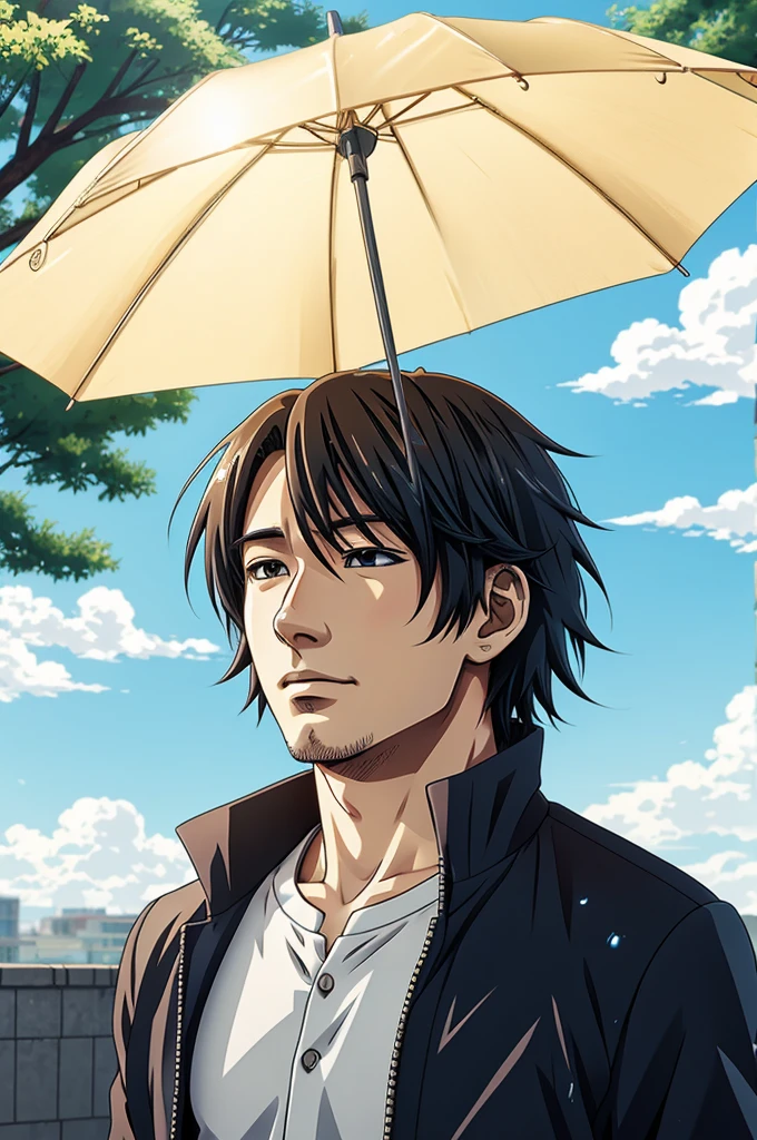 Anime artstyle a man in the sunny day and raining