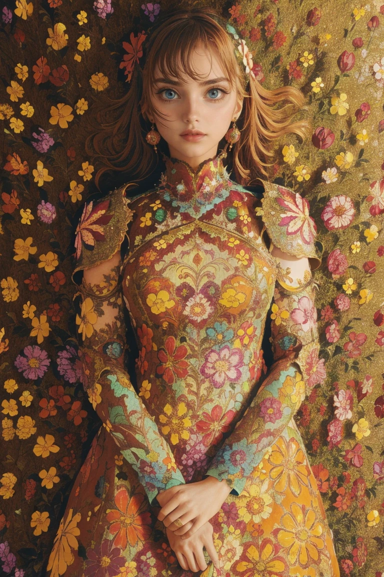 woman, flower dress, colorful, darl background,flower armor,multicolor theme,