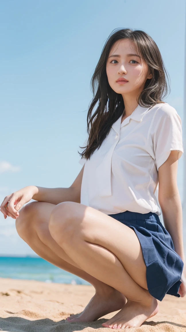 (((Top-down configuration:1.33)))、((No underwear:1.55))、One Girl、Beautiful and detailed eyes and face、barefoot、20 year old cute Japan woman, ((Extremely precise and accurate anatomy:1.0)), (photo Realistic:1.4), (hyper Realistic:1.4), (最高品質のRealisticな肌の質感:1.4), (Improvement of quality:1.4), (Enhances the beauty of skin texture:1.1), clean and glowing skin, mesh, thin:1.2, (Realistic:1.3), Realisticなライティング, (Smoother lighting:1.05), (Improving the quality of cinema lighting:0.9), Backlight, A gentle light that illuminates the face, Ray Tracing, (Bright light:1.2), 32k, One Japanese woman, fine grain, Detailed face, (Film Grain:1.1),(Accentuates body lines:1.1), High resolution, Natural look, Kind eyes, Enhances hair texture, Delicate light and shadow, Clear skin, Graceful Pose, Beautiful Eyes, Sharp details, Soft light reflection, Beautiful contours, Delicate skin tone, Fine hair texture, Natural background, (((sunny day、Beach、A strong wind is blowing、Her hair and skirt are flying、squat, Traditional navy blue sailor uniform、Open shirt、Pleated skirt、Scooping seawater with hands:1.25、splash、Sandy Beach、Light of the sun、clear blue sea、The waves crash quietly、Blue sky and white clouds、green mountain々、Beautiful Nature、The joys of youth)))、