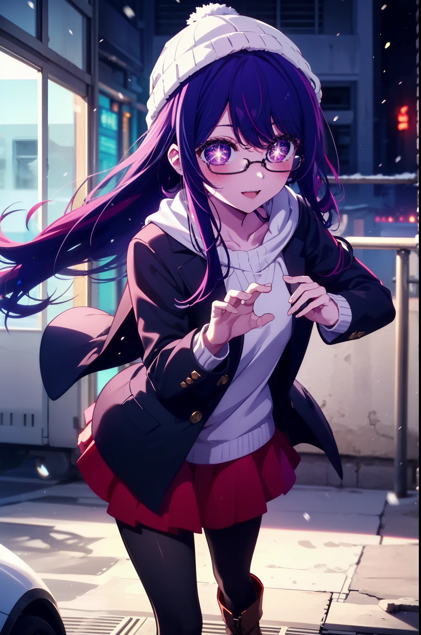 aihoshino, Ai Hoshino, Long Hair, bangs, (Purple eyes:1.1), Purple Hair, (Symbol-shaped pupil:1.5), smile,smile,blush,Open your mouth,Knitted hat,Black-rimmed glasses,Purple long coat,V-neck sweater,Long skirt,Black pantyhose,short boots,Red muffler,It's snowing,Snow is falling,Walking,whole bodyがイラストに入るように, evening,sunset,The sun is setting,
break outdoors, Snow Country,
break looking at viewer, whole body,
break (masterpiece:1.2), Highest quality, High resolution, unity 8k wallpaper, (figure:0.8), (Beautiful attention to detail:1.6), Highly detailed face, Perfect lighting, Highly detailed CG, (Perfect hands, Perfect Anatomy),