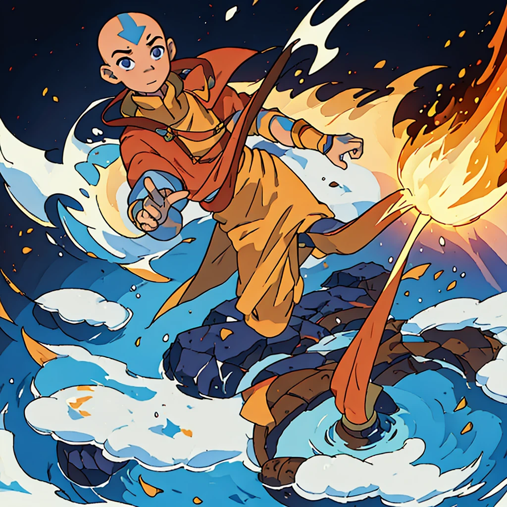 (best quality, masterpiece, colorful,highest detailed), (aang_avatar),solo, , aang_avatar, male, bald, dynamic, surrounded by the four elements (water, earth, fire, air), ((white background)),(high contrast, extreme detailed, highest detailed),
