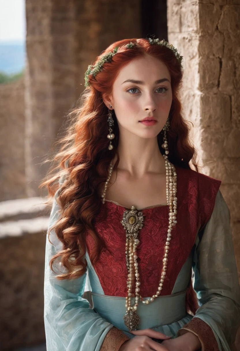 young woman(23 years old). Bright red, Wavy hair, braided(in the manner of Lucrezia Borgia или на манер таргариенов), pearl earrings in the ears, necklace of pearls on the neck. Eyes sky blue. Red eyebrows, very thin and curved. The skin is pale, she has freckles. Elongated face, oval shape. Dress in Renaissance or Middle Ages style, in the manner of Lucrezia Borgia. Mouth wide, and your lips are full. Брови very thin and curved, Light. одета в платье in the manner of Lucrezia Borgia. Realism style.
