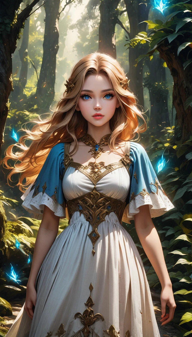 a young beautiful princess in the legend of zelda,long flowing golden hair,detailed delicate face with blue eyes,elegant fantasy medieval dress,intricate ornate jewelry,standing in a magical mystical forest,glowing magical aura,cinematic dramatic lighting,fantasy art,vivid colors,photorealistic,8k,masterpiece