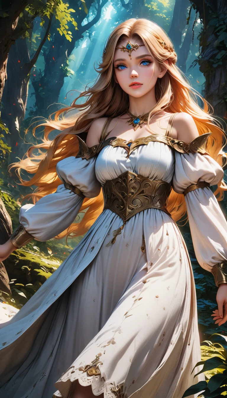 a young beautiful princess in the legend of zelda,long flowing golden hair,detailed delicate face with blue eyes,elegant fantasy medieval dress,intricate ornate jewelry,standing in a magical mystical forest,glowing magical aura,cinematic dramatic lighting,fantasy art,vivid colors,photorealistic,8k,masterpiece