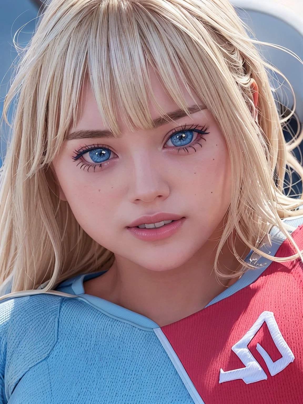 zydG、1girl、Detailed skin、Viewer、Blue eyes、(Blonde with long bangs:1.2)、(Large Breasts:1.0)、(Large areola:0.8)、Parted lips、teeth、smile、(Face focus:1.4)、Close Shot、 (Photorealistic:1.4)、(Highest quality:1.0)、(Ultra-high resolution:1.0)、8K、RAW Pho(masterpiece:0.2)、(Sportswear:1.5)、Cowboy Shot、 (pureerosface_v1:0.5)