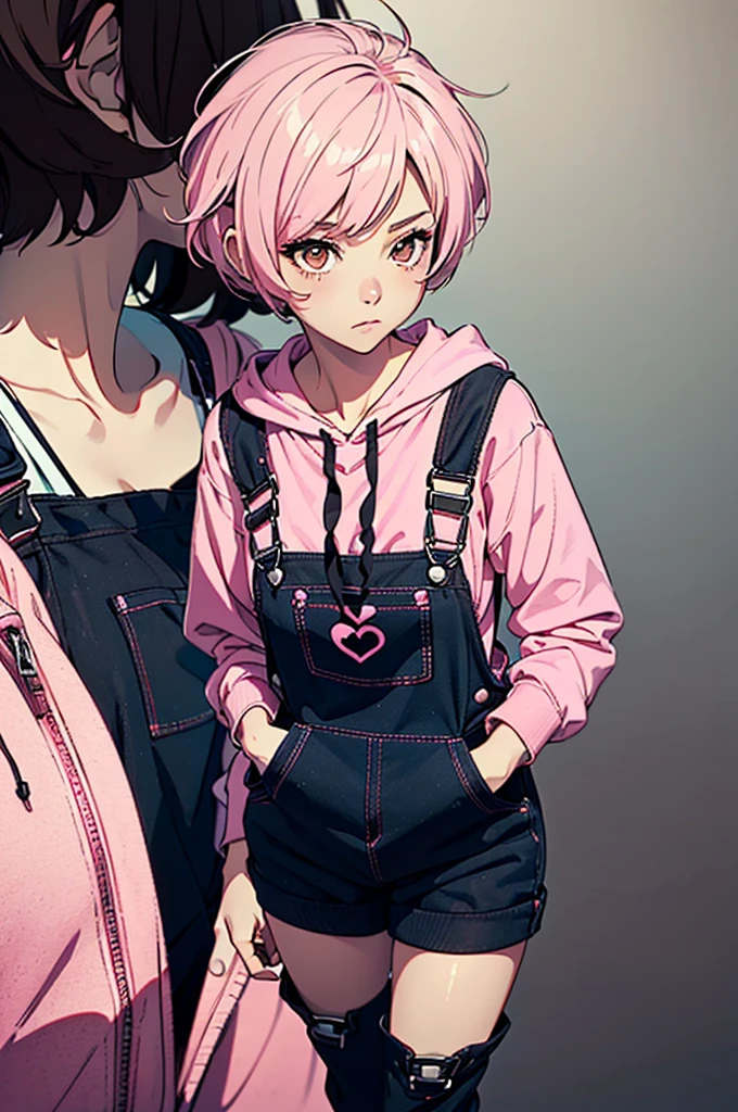8k, original, 1girl, solo, (single object), hd, absurdres, anime style, 2d, celshade style, digital art, ((solid color background)), (short hair, ((pixie cut)) hair, messy hair, pink hair), wearing ((casual (pink hoodie), ((black dungarees)) and short (skirt), and brown eyes iris))
