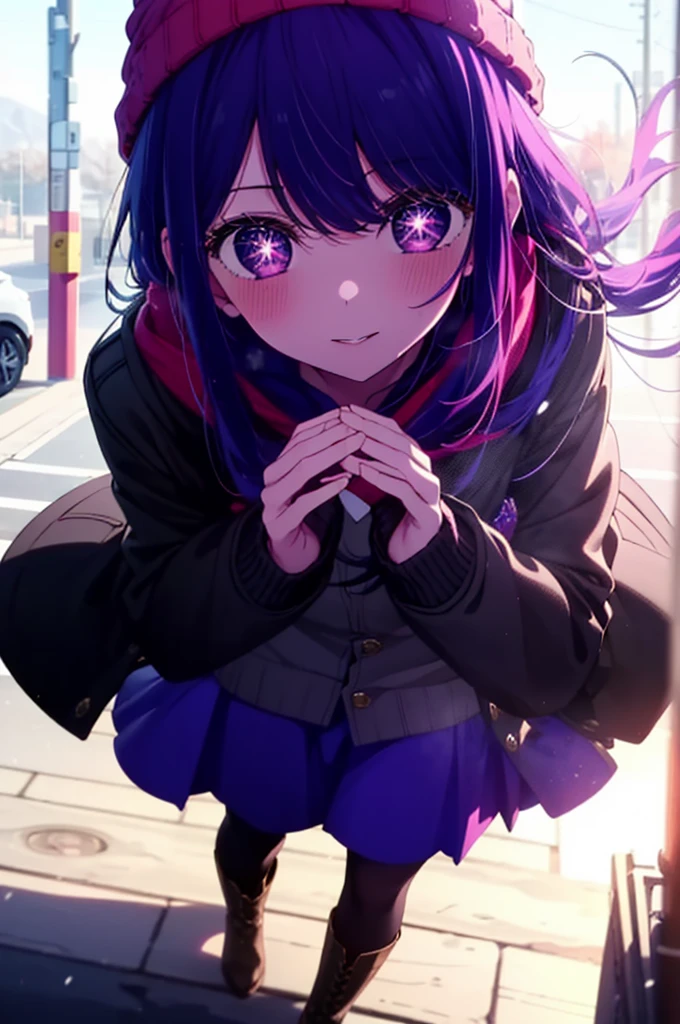 aihoshino, Ai Hoshino, Long Hair, bangs, (Purple eyes:1.1), Purple Hair, (Symbol-shaped pupil:1.5), smile,smile,blush,Open your mouth,Knitted hat,Black-rimmed glasses,Purple long coat,V-neck sweater,Long skirt,Black pantyhose,short boots,Red muffler,It's snowing,Snow is falling,Walking,whole bodyがイラストに入るように, evening,sunset,The sun is setting,
break outdoors, Snow Country,
break looking at viewer, whole body,
break (masterpiece:1.2), Highest quality, High resolution, unity 8k wallpaper, (figure:0.8), (Beautiful attention to detail:1.6), Highly detailed face, Perfect lighting, Highly detailed CG, (Perfect hands, Perfect Anatomy),
