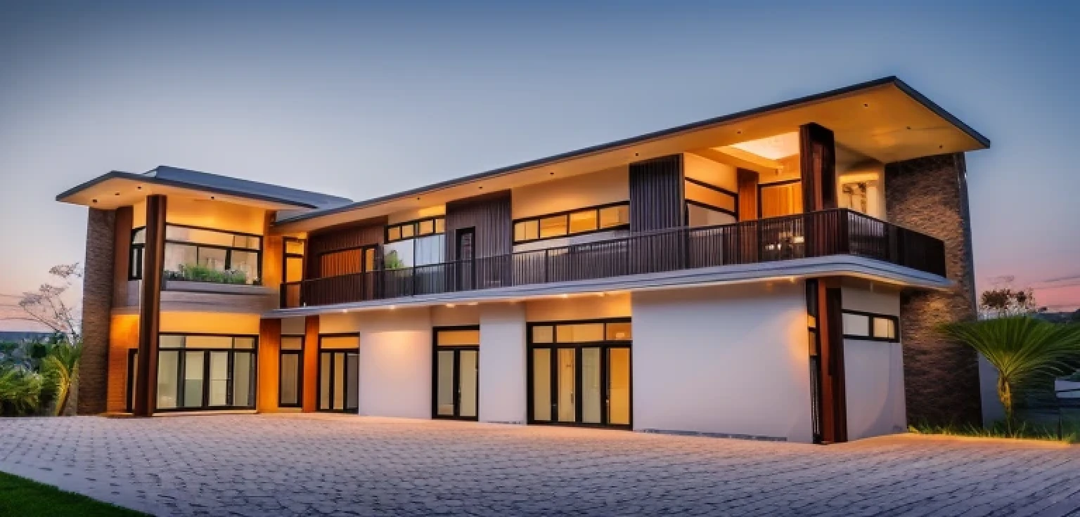 Luxurious house ,The architecture features clean lines, expansive glass windows and doors, combination wooden and stone elements, There are TWO levels to the structure, with balconies and terraces enhancing the indoor-outdoor living experience, modern_VILLA, daytime, day light, (black window), pavement, natural light, realistic,(realistic:1.2), masterpiece,nice garden,tropical trees:1.2,beautiful tropical garden,tropical plants and trees,((REFLECTIVE GLASS railing)), BEAUTIFUL DAY, NATURAL STONE FLOOR