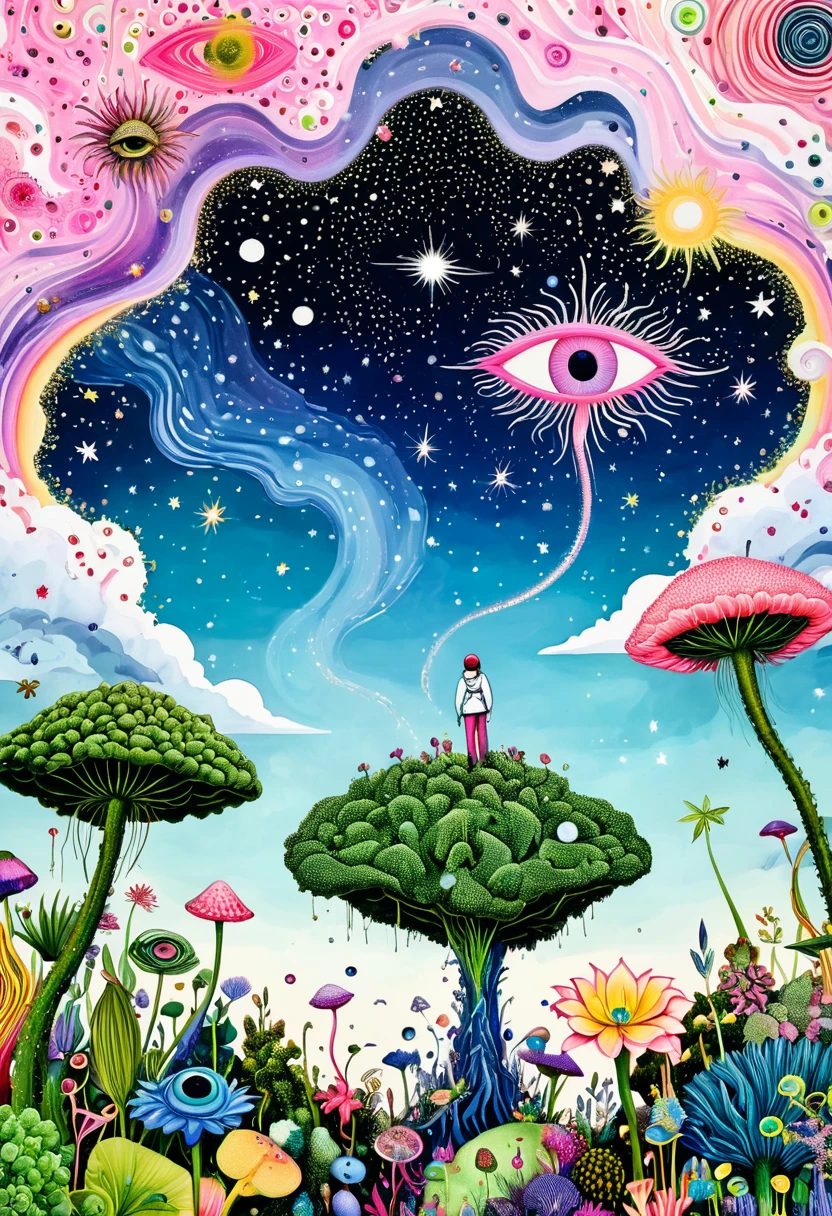 intense visuals,Multi-element fusion,bud,microorganism、plant、Marine life、(((Eyes in the palm)))、Starry Sky,Piece together to create an abstract painting,Describing the inner world of autistic people,(((Sense of space,White Space,clean,Anti-aliasing,))),Pointillism method,Density,Psychedelic Art,pink