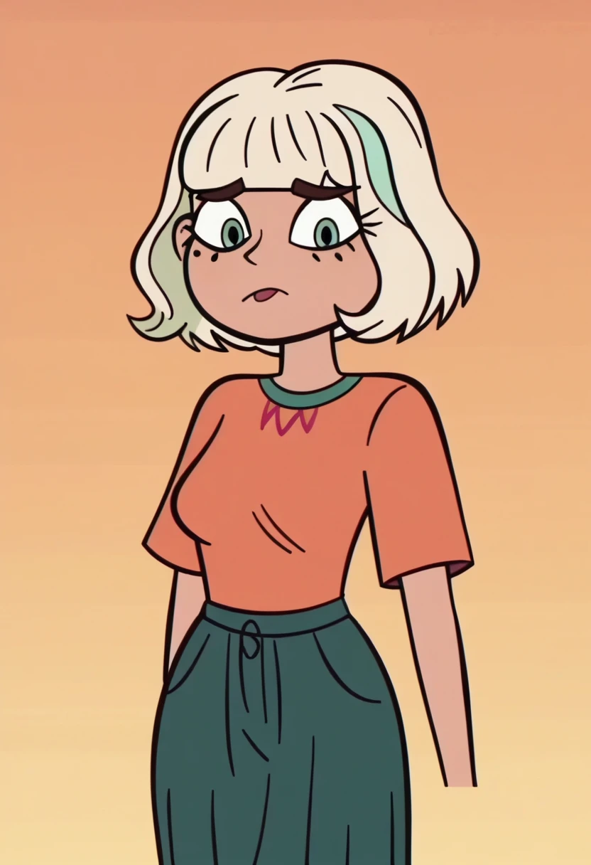score_9, score_8_up, score_7_up, score_6_up, score_5_up, 1girl, Jackie Lynn Thomas,
orange background, svtfoe style,