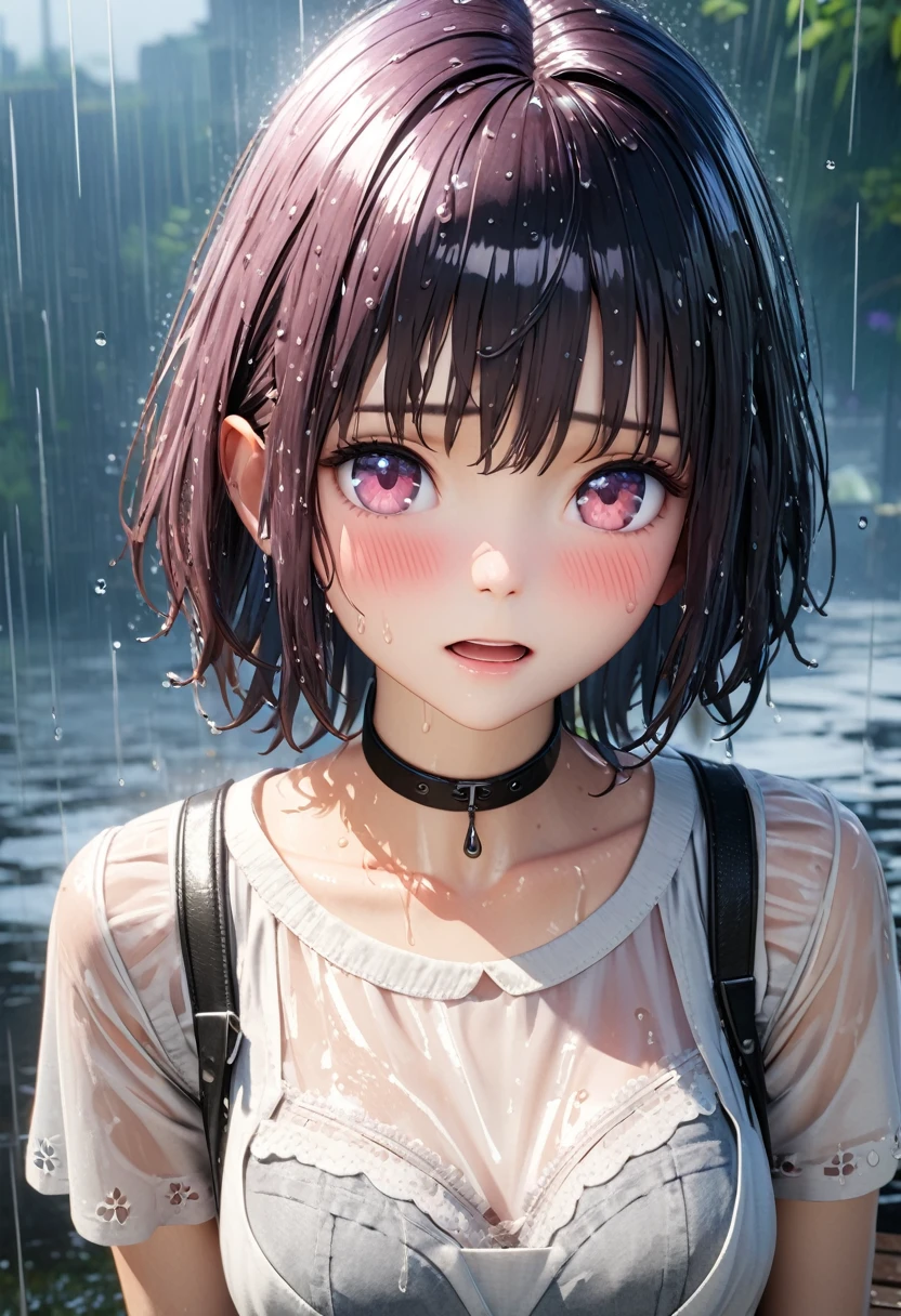masterpiece, best quality, very detailed, high resolution, expensive resolution, high resolution, 4K, 8k, Unity 8k wallpaper, highly detailed CG, masterpiece, 2D, 3D, beautiful details, depth, fine texture, best quality: 1.3, perfect focus, crisp skin,rain, wet, wet closhes : 1.2
very cute anime girl, (white blouse soaked in pouring rain,sheer blouse,bra showing through blouse), large breasts, Black short hair, one girl, rain, (raindrops dripping from soaked hair,), looking at viewer, , blush, open lips, , pink eyes, choker white transparent bra