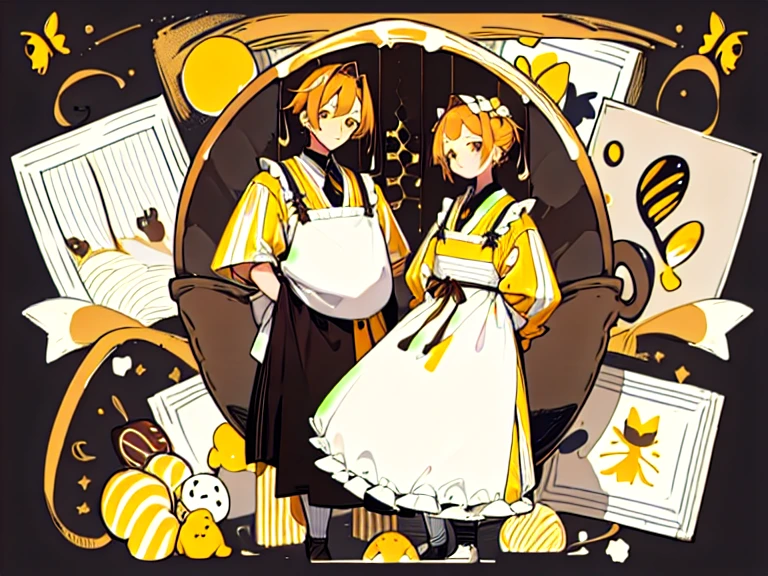 (Golden Ratio:1.2),[White background:1.4)::10],(masterpiece), (Highest quality), (Super detailed),制Clothing design、Clothing design、apron、sweets屋さんの服、Yellow Stripes、Frills、sweets、On the theme of brown and yellow、two kinds、For men、For women、Design drawing、melt、Honey、Bee design、men and women、two kindsのデザインを並べて