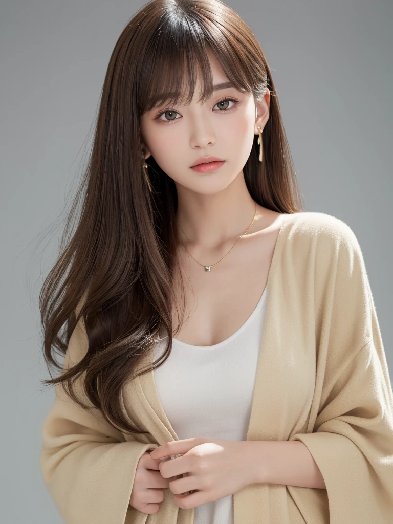 ((Highest quality, 8K, masterpiece:1.3)), concentrate: 1.2, Perfect body beauty: 1.4, Hips: 1.2, ((Long Hair, chest: 1.2)), (Dry clothes: 1.1) , (clear, Simple Background:1.3), Simple clothes: 1.1, Highly detailed face and skin texture,Delicate eyes, double eyelid, Whitened skin, Rough skin、Long Hair、Earrings with bangs、necklace、 solo、Beige coat、White shirt, (((Beautiful girl with cute Japan)))、 ((Beautiful Japanese girl 20 years old))、 ((Baby Face))、 (((Slender body)))、 Upper Body,Face focus、necklace,Simple Background,From above, Realistic Hair、 A photograph was taken:Canon EOS R6、135mm、1/1250 seconds、f2.8、ISO400、(Detailed explanation of the hand)、(Masseter muscle area)、(Exquisite CG)、Long Hair, loose and curly hair、Korean Hair、Long Hair明るいベージュ色、グラデーションハイライトグレージュのゆるふわLong Hairスタイル、