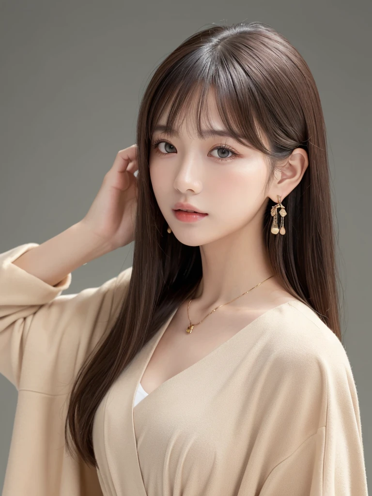 ((Highest quality, 8K, masterpiece:1.3)), concentrate: 1.2, Perfect body beauty: 1.4, Hips: 1.2, ((Long Hair, chest: 1.2)), (Dry clothes: 1.1) , (clear, Simple Background:1.3), Simple clothes: 1.1, Highly detailed face and skin texture,Delicate eyes, double eyelid, Whitened skin, Rough skin、Long Hair、Earrings with bangs、necklace、 solo、Beige coat、White shirt, (((Beautiful girl with cute Japan)))、 ((Beautiful Japanese girl 20 years old))、 ((Baby Face))、 (((Slender body)))、 Upper Body,Face focus、necklace,Simple Background,From above, Realistic Hair、 A photograph was taken:Canon EOS R6、135mm、1/1250 seconds、f2.8、ISO400、(Detailed explanation of the hand)、(Masseter muscle area)、(Exquisite CG)、Long Hair, loose and curly hair、Korean Hair、Long Hair明るいベージュ色、グラデーションハイライトグレージュのゆるふわLong Hairスタイル、
