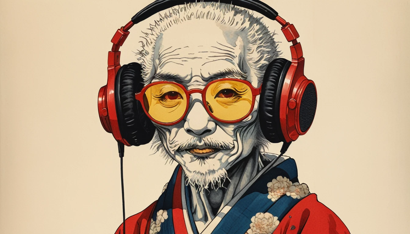 Female skeleton wearing a Japanese sailor suit,Lens Sunglasses, Katsushika Hokusai, Ink Painting, Japanese style headphones, Modern ukiyo-e style, Red Eyes