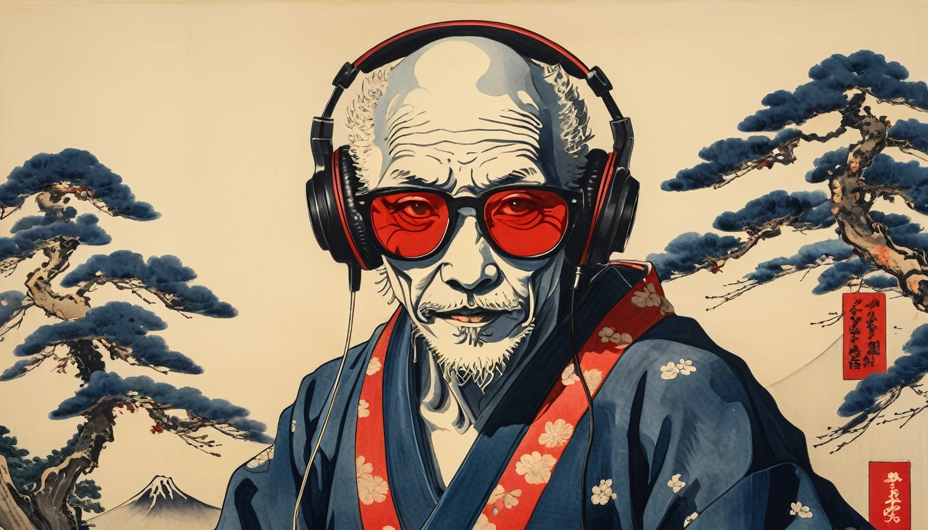 Skeleton, Sunglasses with pale yellow lenses, Katsushika Hokusai, Ink Painting, Japanese style headphones, dance, Modern ukiyo-e style, Red Eyes