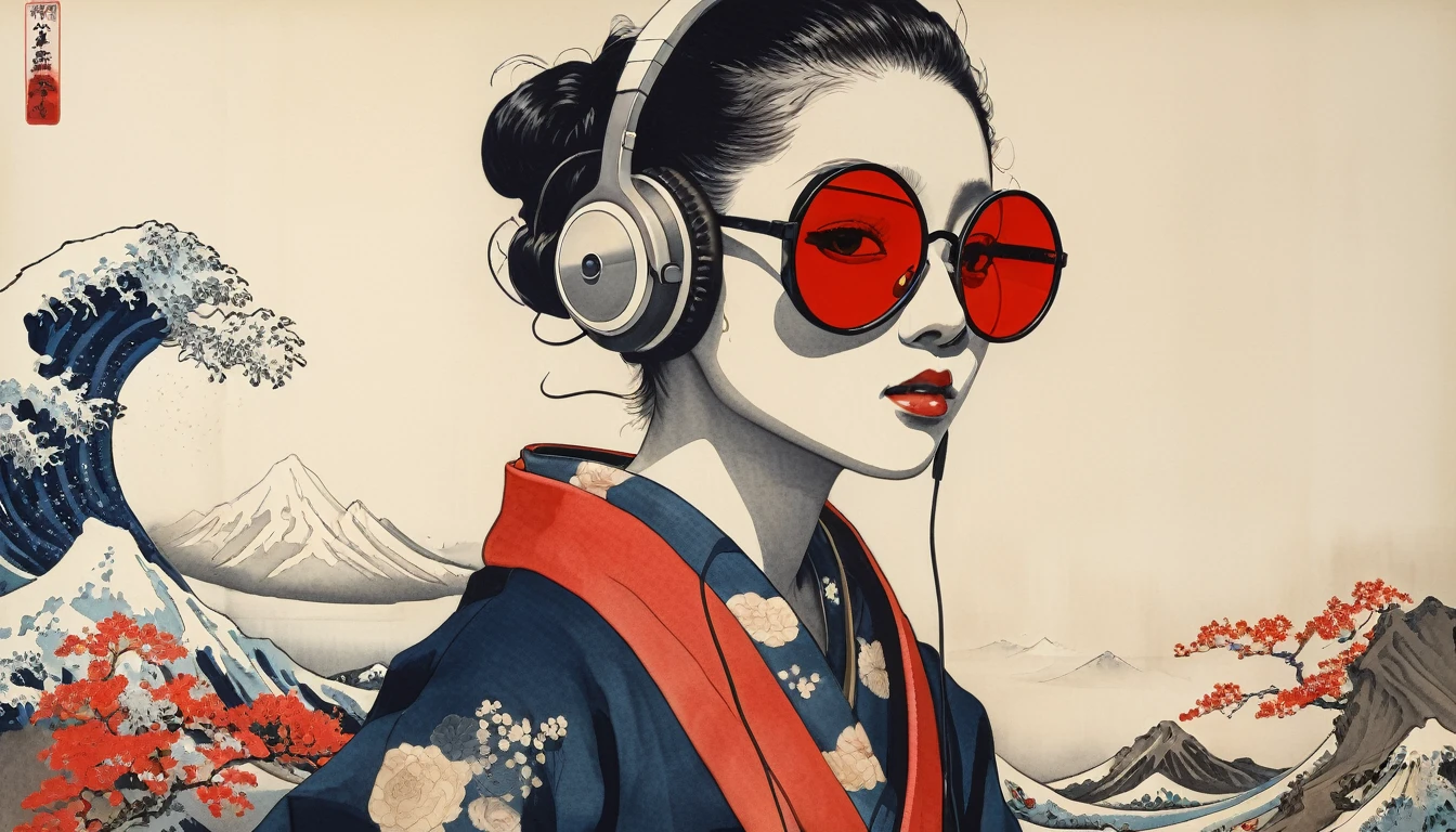 Skeleton, Sunglasses with pale yellow lenses, Katsushika Hokusai, Ink Painting, Japanese style headphones, dance, Modern ukiyo-e style, Red Eyes