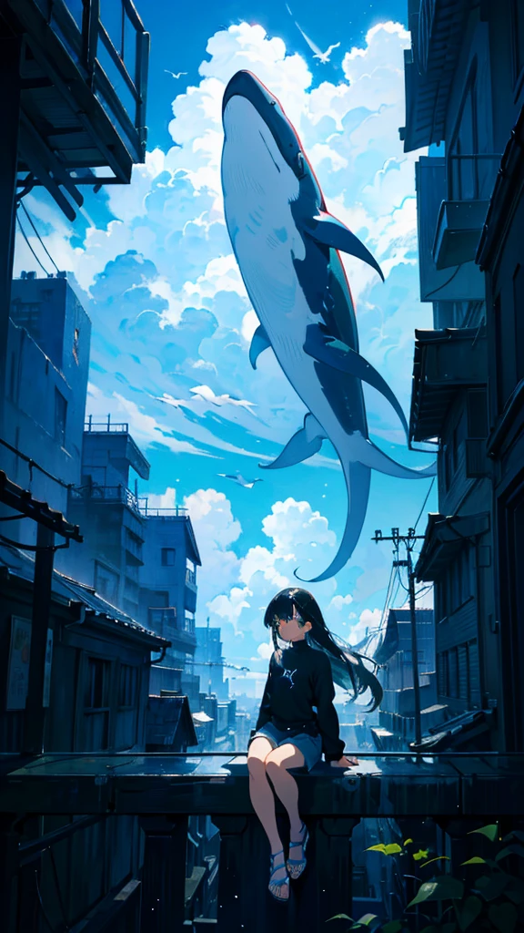 masterpiece, Exquisite detail,Highest quality, One girl, alone, handrail, cloud, Looking up at the buildings,Long Hair, NULL, Long sleeve, Power lines, White footwear, Black Hair, View your viewers, Electric pole, bangs, cloudy NULL, fish, bird, Green Eyes, Shorts, Day, Black Shirt, barefoot,Whale flying in the sky,Giant whale,night,star,milky way,night,Pitch black,Buildings,Sitting, High quality anime art style,Standing painting,Splash ink background,Blue Themes