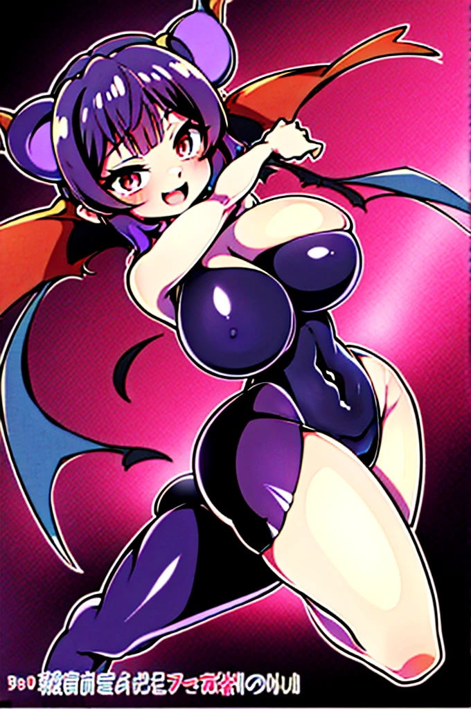 Draw a face carefully High quality anime style faces Black Hair Black full body suit Purple pantyhose with bat print Attractions Laughter Morrigan Aensland Rear View