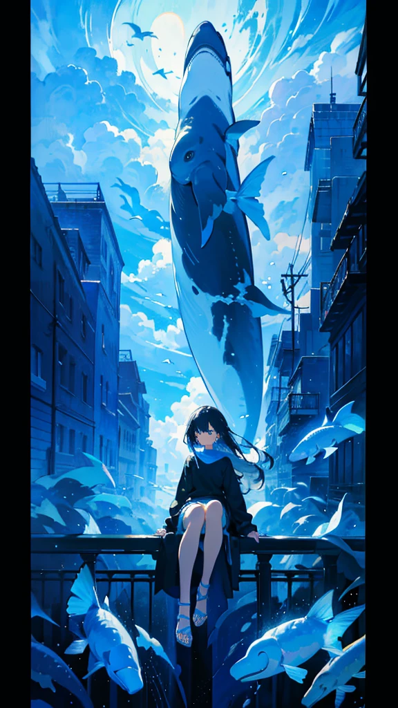 masterpiece, Exquisite detail,Highest quality, One girl, alone, handrail, cloud, Looking up at the buildings,Long Hair, NULL, Long sleeve, Power lines, White footwear, Black Hair, View your viewers, Electric pole, bangs, cloudy NULL, fish, bird, Green Eyes, Shorts, Day, Black Shirt, barefoot,Whale flying in the sky,Giant whale,night,star,milky way,night,Pitch black,Buildings,Sitting, High quality anime art style,Standing painting,Splash ink background,Blue Themes