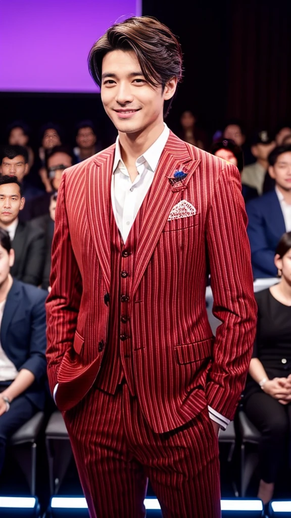 Crimson striped suit、　Handsome 30 year old scientist、The hair is in order..No short beard.no beard.　（A handsome young man in an S-Class suit.）、　Japanese male, 30 years old、　merchant、　Luxury dress、　office、　stand up in suitＳHandsome young man、　full body image、　（ภาพถ่ายที่มีรายละเอียดhigh CG Unity 8K）、　（very detailedＳHandsome young manในชั้นเรียน）、　（The photos are real.）、　　（（คุณภาพhighสุด））、　Awesome detailasterpiece）、　คุณภาพhighเป็นพิเศษ、　high、　audience、　gentleman、　I'm beautiful.、　short hair、　Vivid photos、　Handsome like a model、　Handsome like an idol、　Luxury watches、　Eyes balanced looking at the audience with a slight smile