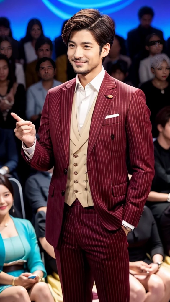 Crimson striped suit、　Handsome 30 year old scientist、The hair is in order..No short beard.no beard.　（A handsome young man in an S-Class suit.）、　Japanese male, 30 years old、　merchant、　Luxury dress、　office、　stand up in suitＳHandsome young man、　full body image、　（ภาพถ่ายที่มีรายละเอียดhigh CG Unity 8K）、　（very detailedＳHandsome young manในชั้นเรียน）、　（The photos are real.）、　　（（คุณภาพhighสุด））、　Awesome detailasterpiece）、　คุณภาพhighเป็นพิเศษ、　high、　audience、　gentleman、　I'm beautiful.、　short hair、　Vivid photos、　Handsome like a model、　Handsome like an idol、　Luxury watches、　Eyes balanced looking at the audience with a slight smile