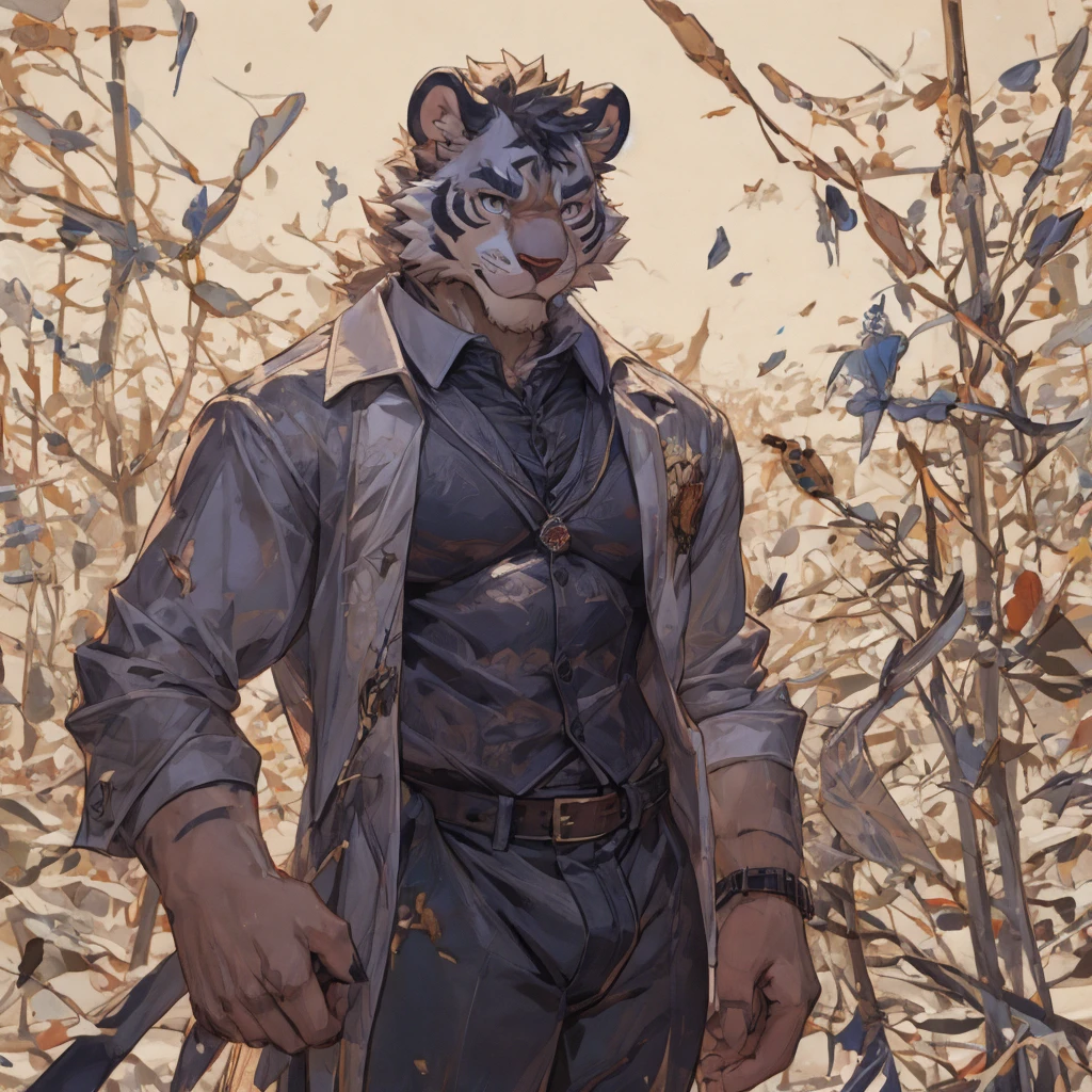 {{bara extremely handsome white tiger,}} {{white fur,}} white, wearing elegant ornate suit jacket, trousers, white dress shirt and necktie, white fluffy furry body and limbs, loafers, very tall, very broad shoulders, narrow waist, muscular arms, massive pecs, purple eyes, very long legs, massive bulge, sophisticated hot look, 3/4 view, best quality, high detail, CG image, character splash art, silver earring on left ear, sultry smirk