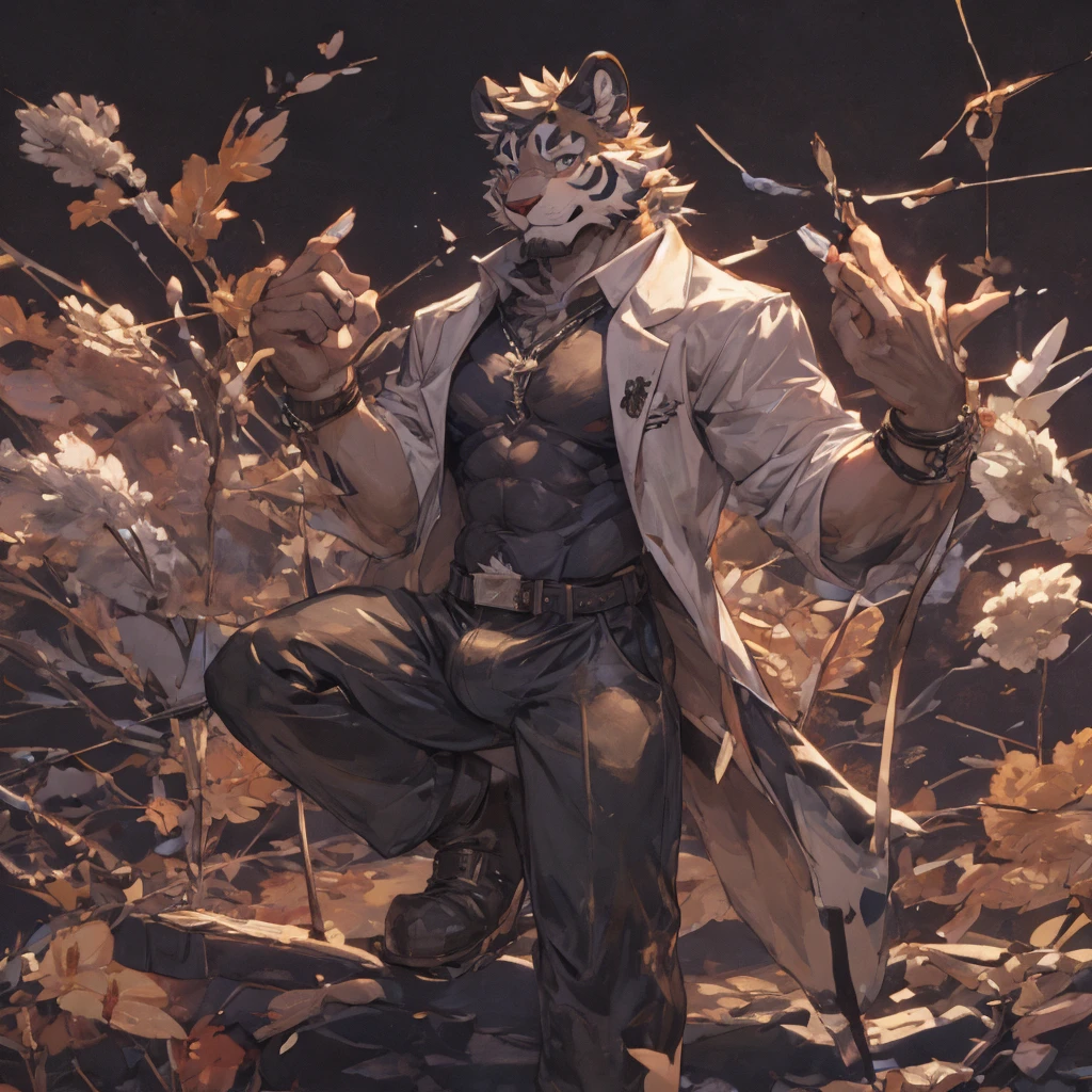 {{bara extremely handsome white tiger,}} {{white fur,}} white, professional model like, wearing elegant ornate suit jacket, trousers, white dress shirt and necktie, white fluffy furry body and limbs, loafers, very tall, very broad shoulders, narrow waist, muscular arms, massive pecs, purple eyes, very long legs, massive bulge, sophisticated hot look, 3/4 view, best quality, high detail, CG image, character splash art, silver earring on left ear, sultry smirk