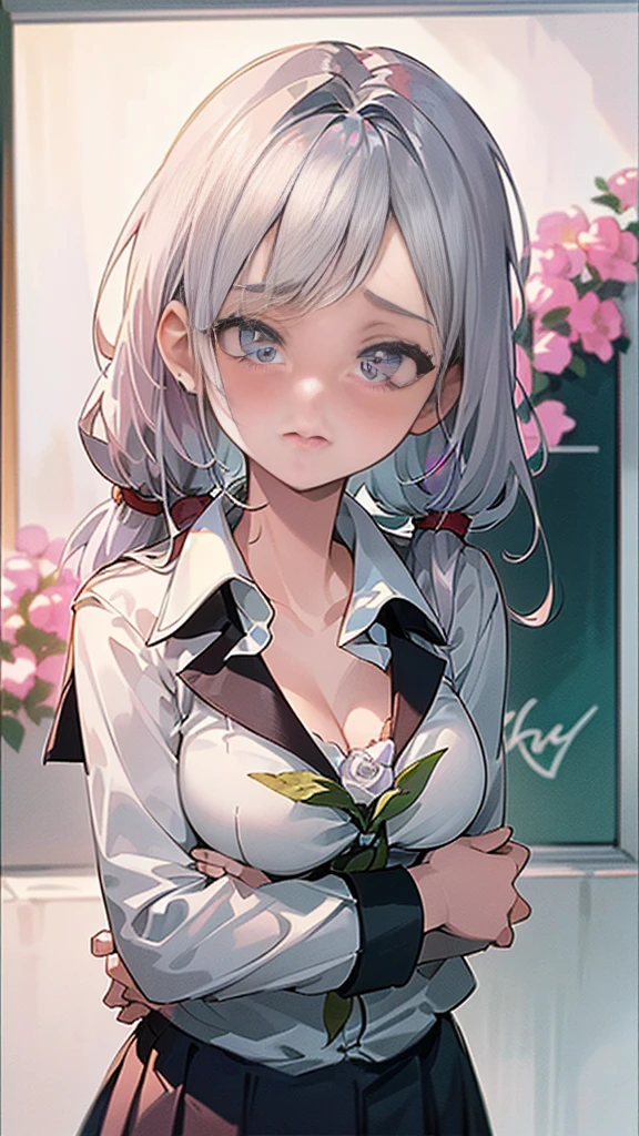 (Best Quality, 8k, High Definition, High Definition, Graphic:2.0), (Solo, One Girl:2.0), (Shot with Flash:1.9), (Brighten Subject:1.8), (Ultimate Beautiful Girl:2.0), (Glossy Skin), (Oily Skin), (Silver Hair Girl:1.5), (Long Hairstyles:1.5) (one aphtha hair on the top of her hair, red braid stop on the right side)(Cool Beauty:2. 0),(blush brown makeup , dark eye makeup , pink gloss lip),(patchy eyes:1.5),(blue eyes),(thin eyes:1.5),(child face),(cute),(sweet scent),(in front of flower shop (photo:1.8),(girl holding a white rose in front of flower shop:1. 3),(she blushes very shyly),chuuChloe,(wearing a school uniform:1.5),(emphasis on cleavage)