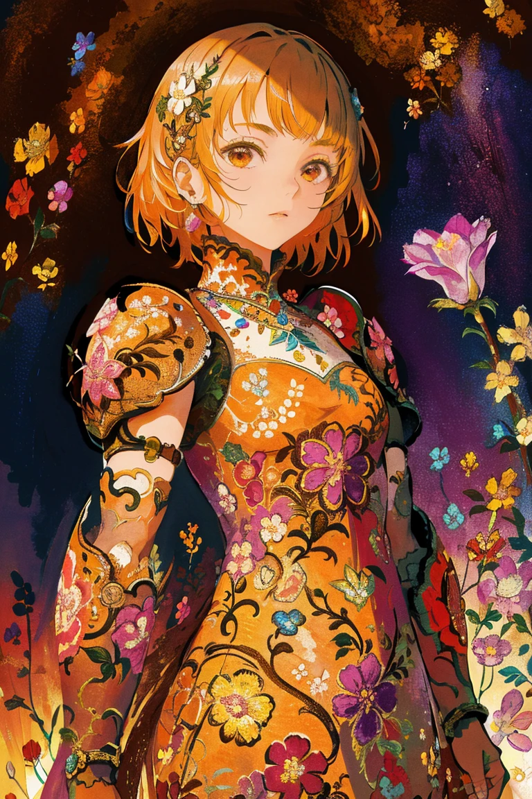 woman, flower dress, colorful, epic background,flower armor, brown theme,