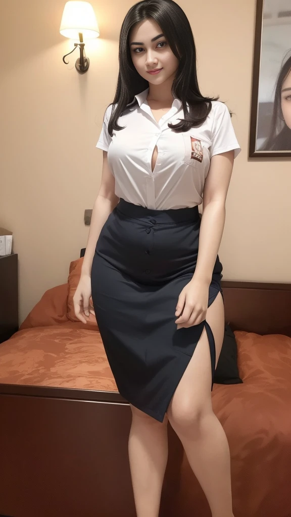 1girl, a girl in the middle of hotel bed, long shot view, (Indonesian_high_school_uniform), distance from audience, detailed face, detailed eyes, thick huge breasts, detailed skin, looking at Viewer, clear light, (8k, RAW photo, best quality, masterpiece: 1.4), (realistic, realistic: 1.37), ultra-high resolution, photorealistic, high resolution, solo, wide muscular hips, realistic face, (detailed face), sexy pose, black hair Color, view from below, (busty), clean armpit, six pack belly, large breasts, full body angle, 19-years-old-girl, perfect thighs, muscular thighs, muscular arms, sitting on hotel bed with legs out, wearing sexy short skirt, wearing tight closed-button shirt, asian goddess, long hair, straight hairstyle, muscular belly, thick wide muscular hips, muscular arm, full body view, curvy body, tall body, smooth body, smooth legs, smooth skin
