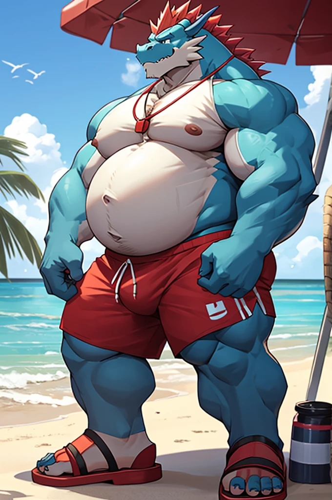 Big buff embarrassed blue cartoon dragon with a humongous ginormously over inflated beige stomach, high blue, white eyes with black pupils, big oversized bellybutton, light blue back, lifeguard tank top overhanging on top of his huge stomach, green necklace with dragon tooth, shocked look on his face, high pink blush, spiky red mohawk hairline, red arm necklace, huge ginormous muscular build with gigantic nipples, body hair across his chest and over inflated stomach, water droplets all over his muscular body, one hand holding his giganticly over inflated stomach, red lifeguard shorts, sandals, standing on a beach resort in a ready to fart position and farting out a huge enormous light green toxic gas cloud coming out of his butthole behind him