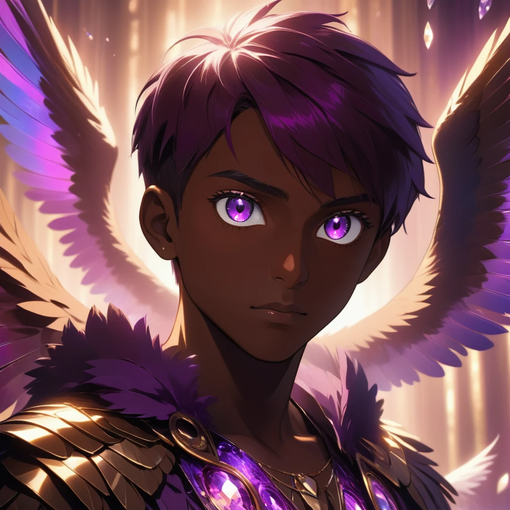 ung man, stunning crystalline purple eyes, dark skin, radiant reflective purple light, falling owls feathers, 4k, UHD, HDR, ultra-detailed, realistic, photorealistic, sharp focus, physically-based rendering, vivid colors, studio lighting, masterpiece
