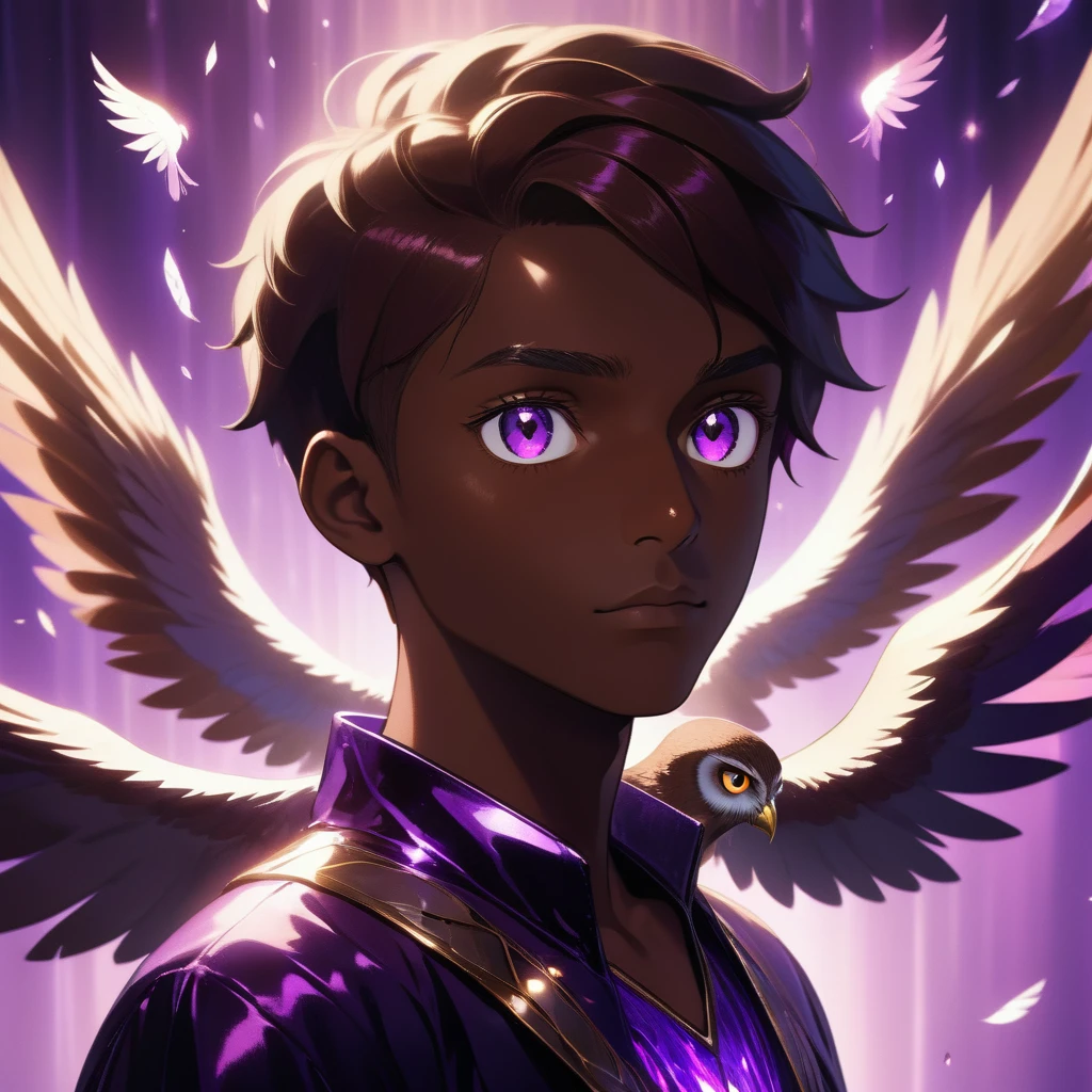 1 young man, stunning crystalline purple eyes, dark skin, radiant reflective purple light, falling owls feathers, 4k, UHD, HDR, ultra-detailed, realistic, photorealistic, sharp focus, physically-based rendering, vivid colors, studio lighting, masterpiece