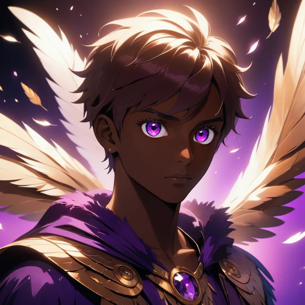 1 young man, stunning crystalline purple eyes, dark skin, radiant reflective purple light, falling owls feathers, 4k, UHD, HDR, ultra-detailed, realistic, photorealistic, sharp focus, physically-based rendering, vivid colors, studio lighting, masterpiece