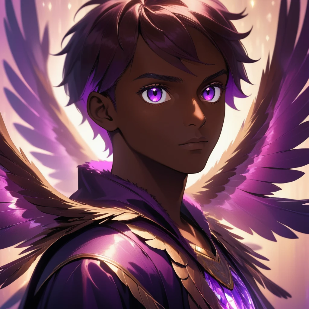 1 young man, stunning crystalline purple eyes, dark skin, radiant reflective purple light, falling owls feathers, 4k, UHD, HDR, ultra-detailed, realistic, photorealistic, sharp focus, physically-based rendering, vivid colors, studio lighting, masterpiece